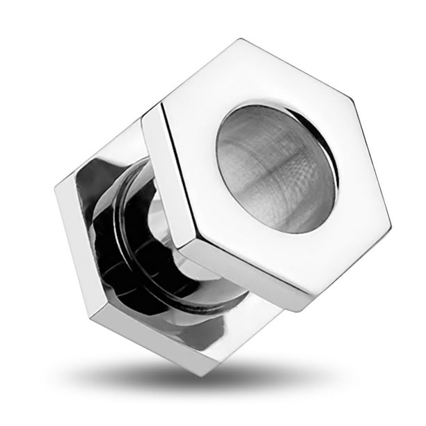 PAIR-Hexagon Nut Screw On Steel Ear Tunnels 10mm/00 Gauge Body Jewelry 